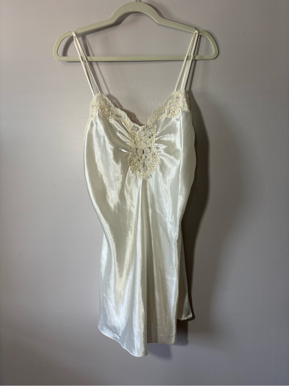 Vintage 90s Victoria's Secret Ivory Satin Lace-Trim Slip. Gold label.